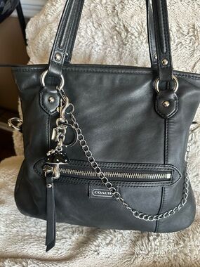 Coach Black Leather Shoulder Bag with Silver Hardware and Mushroom Charm